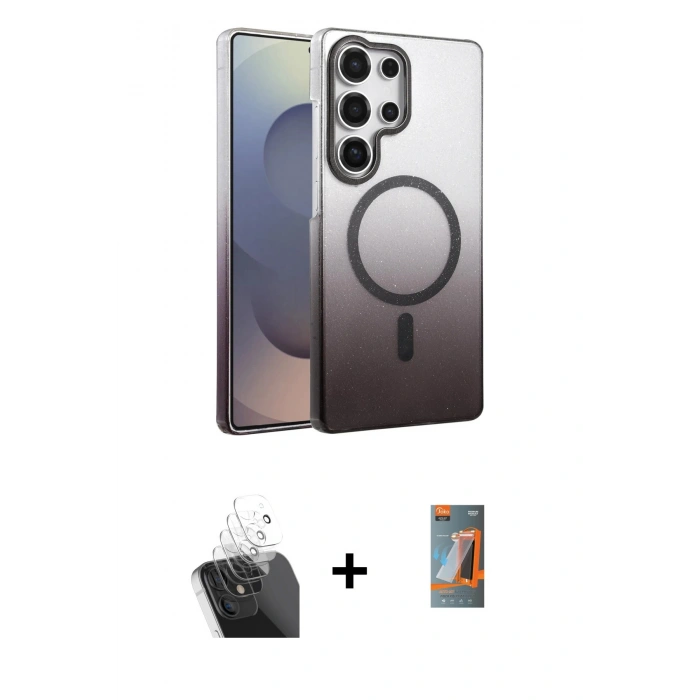 MARSİLYAN™- Galaxy S24 Ultra Kılıf Ahenk Doku Özel Seri - Siyah AutoKit 5in1 Fiber Hayalet Polymer Nano Ekran Koruyucu + Kamera Lens Koruma Cam - SF