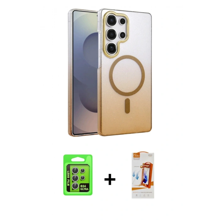 MARSİLYAN™- Galaxy S24 Ultra Kılıf Ahenk Doku Özel Seri - Siyah AutoKit 5in1 Fiber Polymer Nano Ekran Koruyucu + Raze Metal Kamera Lens - GS