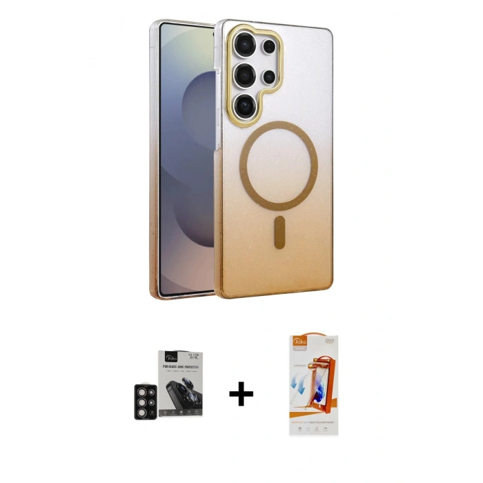 MARSİLYAN™- Galaxy S24 Ultra Kılıf Ahenk Doku Özel Seri - Siyah AutoKit 5in1 Fiber Polymer Nano Ekran Koruyucu + PVD Metal Kamera Lens - DNMR