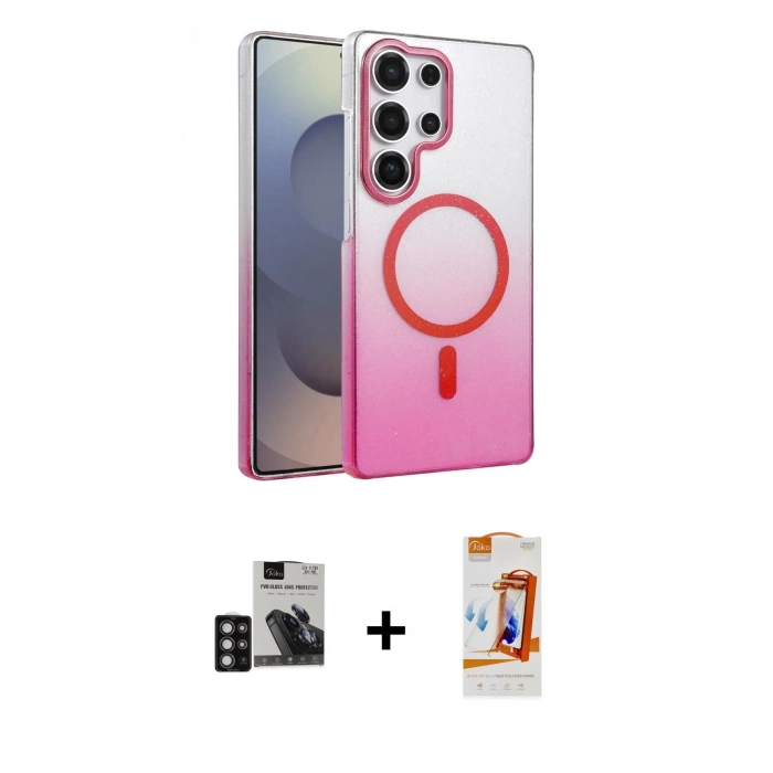 MARSİLYAN™- Galaxy S24 Ultra Kılıf Ahenk Doku Özel Seri - Siyah AutoKit 5in1 Fiber Polymer Nano Ekran Koruyucu + PVD Metal Kamera Lens - DNMR