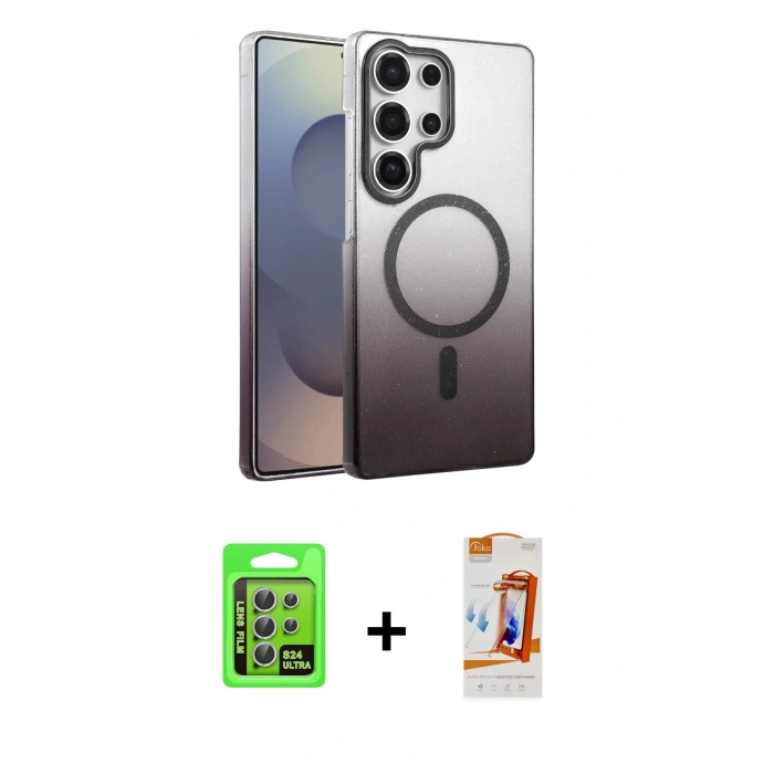 MARSİLYAN™- Galaxy S24 Ultra Kılıf Ahenk Doku Özel Seri - Siyah AutoKit 5in1 Fiber Polymer Nano Ekran Koruyucu + Raze Metal Kamera Lens - GS