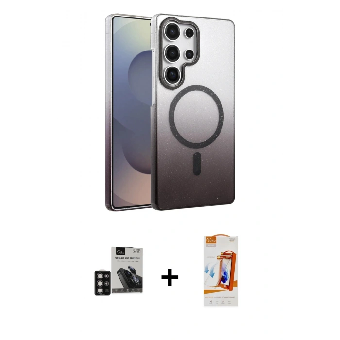 MARSİLYAN™- Galaxy S24 Ultra Kılıf Ahenk Doku Özel Seri - Siyah AutoKit 5in1 Fiber Polymer Nano Ekran Koruyucu + PVD Metal Kamera Lens - DNMR