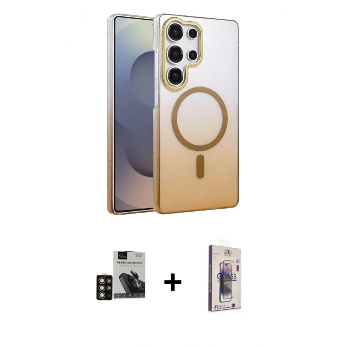 MARSİLYAN™- Galaxy S24 Ultra Kılıf Ahenk Doku Özel Seri - Siyah Bilvis 3D Cam Ekran Koruyucu + PVD Metal Kamera Lens - GD