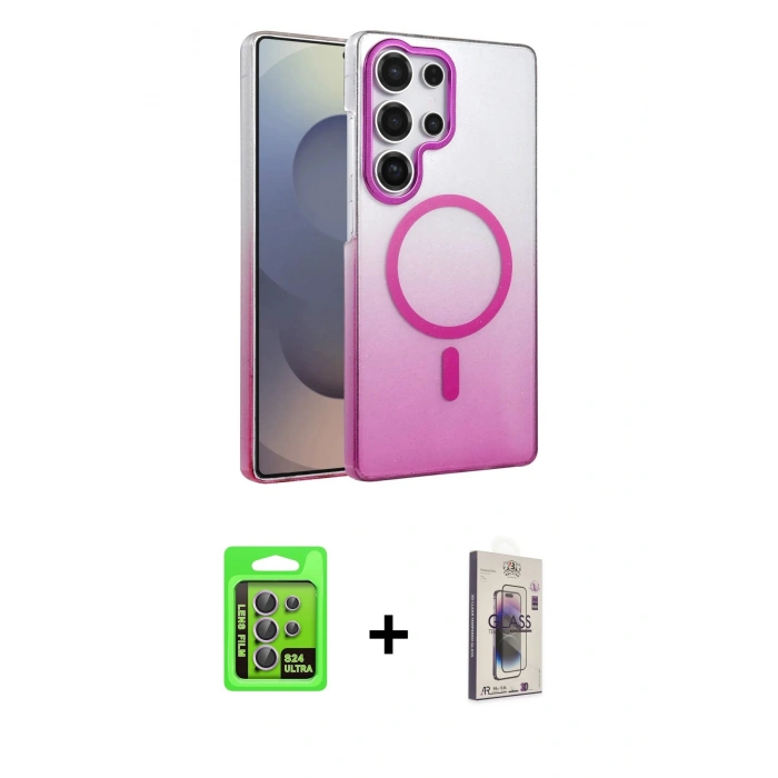 MARSİLYAN™- Galaxy S24 Ultra Kılıf Ahenk Doku Özel Seri - Siyah Bilvis 3D Cam Ekran Koruyucu + Raze Metal Kamera Lens - MR