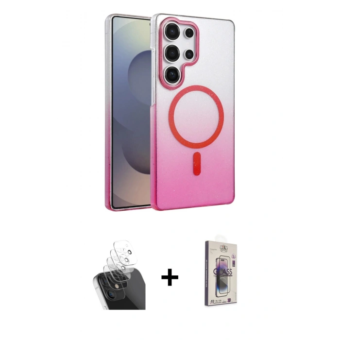 MARSİLYAN™- Galaxy S24 Ultra Kılıf Ahenk Doku Özel Seri - Siyah Bilvis 3D Cam Ekran Koruyucu + Kamera Lens Koruma Cam - SF