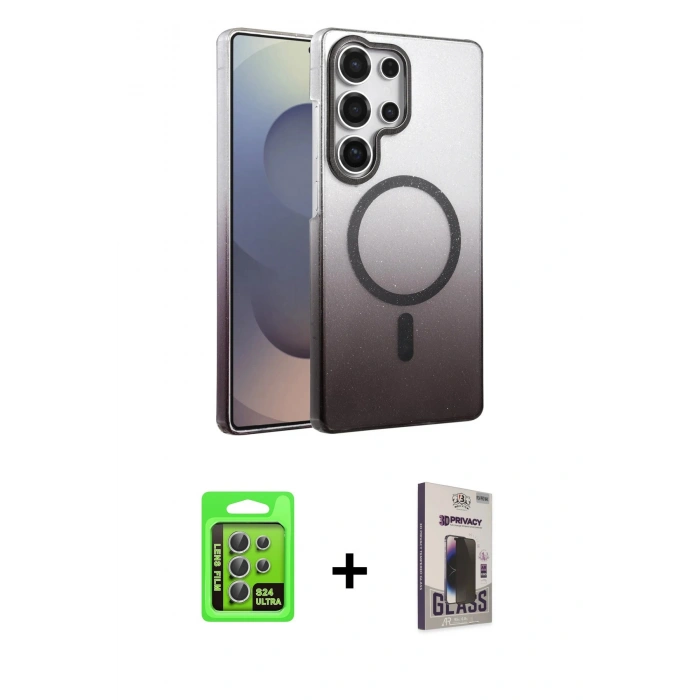 MARSİLYAN™- Galaxy S24 Ultra Kılıf Ahenk Doku Özel Seri - Siyah Bilvis Hayalet Cam Ekran Koruyucu + Raze Metal Kamera Lens - GS