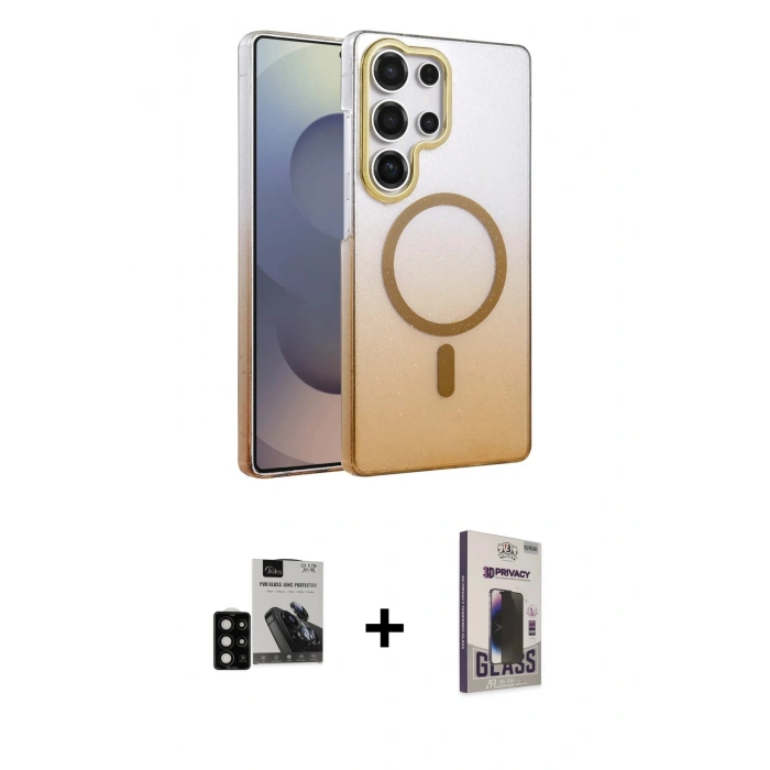 MARSİLYAN™- Galaxy S24 Ultra Kılıf Ahenk Doku Özel Seri - Siyah Bilvis Hayalet Cam Ekran Koruyucu + PVD Metal Kamera Lens - SH