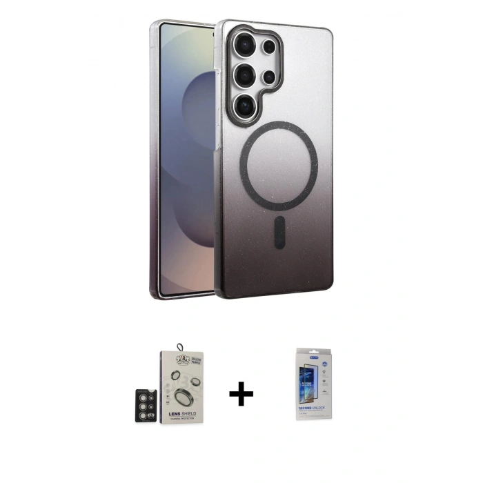 MARSİLYAN™- Galaxy S24 Ultra Kılıf Ahenk Doku Özel Seri - Siyah Durable Full Glue Curved Cam + Bilvis Titan Kamera Lens - DNMR
