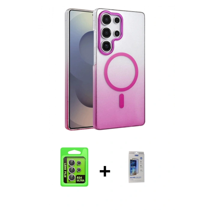 MARSİLYAN™- Galaxy S24 Ultra Kılıf Ahenk Doku Özel Seri - Siyah Durable Full Glue Curved Cam + Mor Raze Metal Kamera Lens