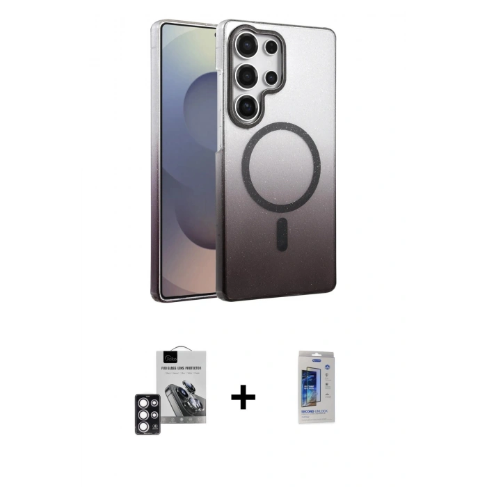 MARSİLYAN™- Galaxy S24 Ultra Kılıf Ahenk Doku Özel Seri - Siyah Durable Full Glue Curved Cam + PVD Metal Kamera Lens - PE