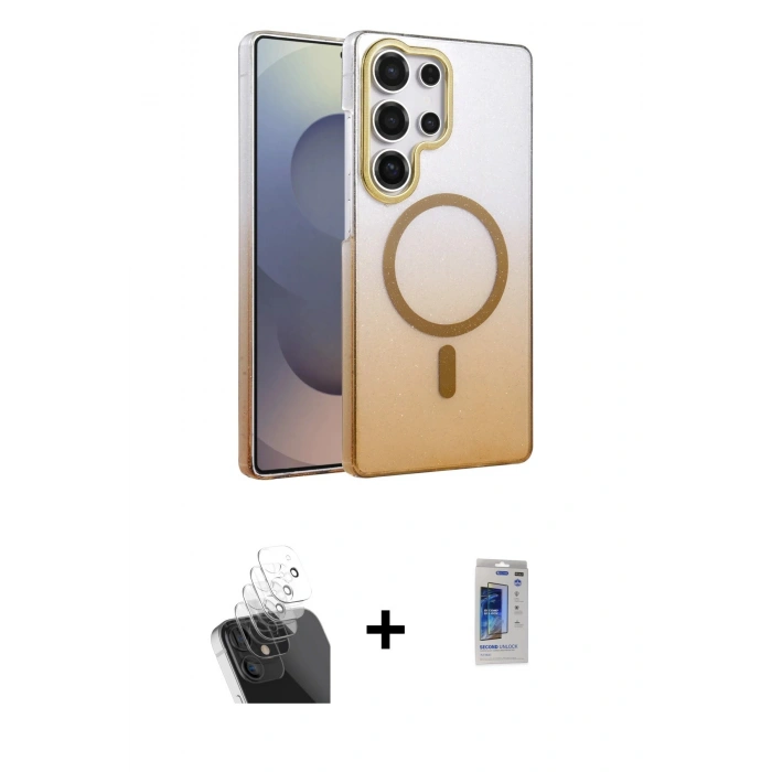 MARSİLYAN™- Galaxy S24 Ultra Kılıf Ahenk Doku Özel Seri - Siyah Durable Full Glue Curved Hayalet Cam + Şeffaf Kamera Lens Koruma Cam