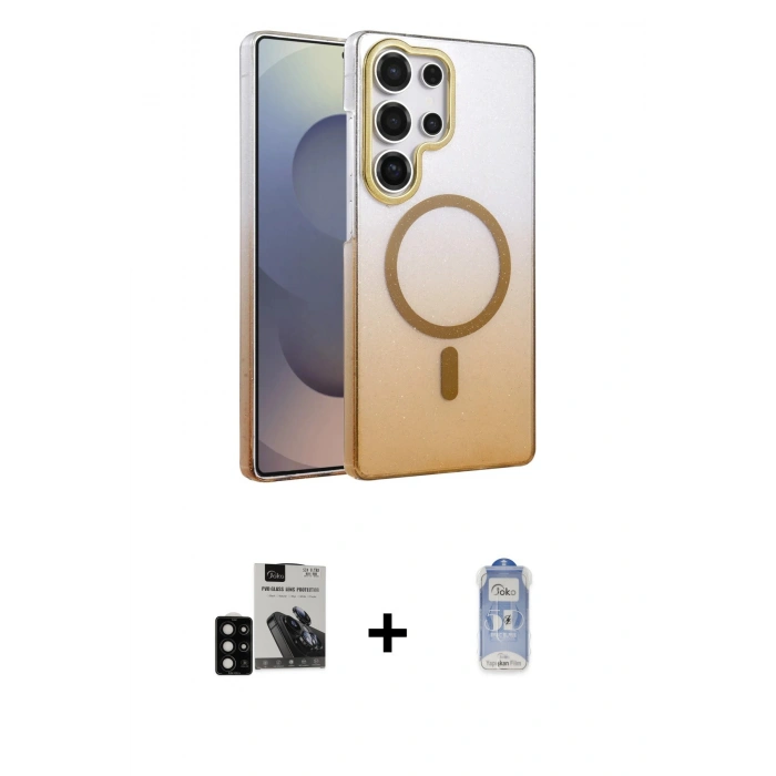 MARSİLYAN™- Galaxy S24 Ultra Kılıf Ahenk Doku Özel Seri - Siyah Joko Magic 5D Cam + PVD Metal Kamera Lens - SH