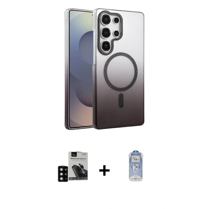 MARSİLYAN™- Galaxy S24 Ultra Kılıf Ahenk Doku Özel Seri - Siyah Joko Magic 5D Cam + PVD Metal Kamera Lens - SH