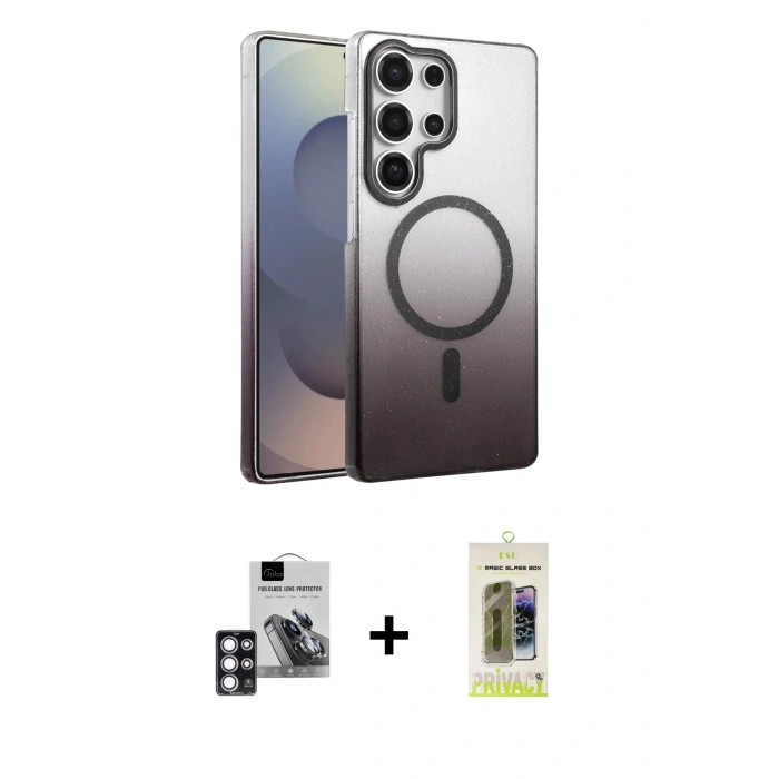 MARSİLYAN™- Galaxy S24 Ultra Kılıf Ahenk Doku Özel Seri - Siyah Joko Magic 5D Hayalet Cam + PVD Metal Kamera Lens - PE