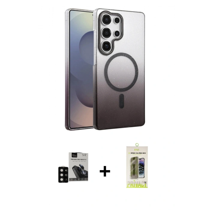 MARSİLYAN™- Galaxy S24 Ultra Kılıf Ahenk Doku Özel Seri - Siyah Joko Magic 5D Hayalet Cam + PVD Metal Kamera Lens - SH