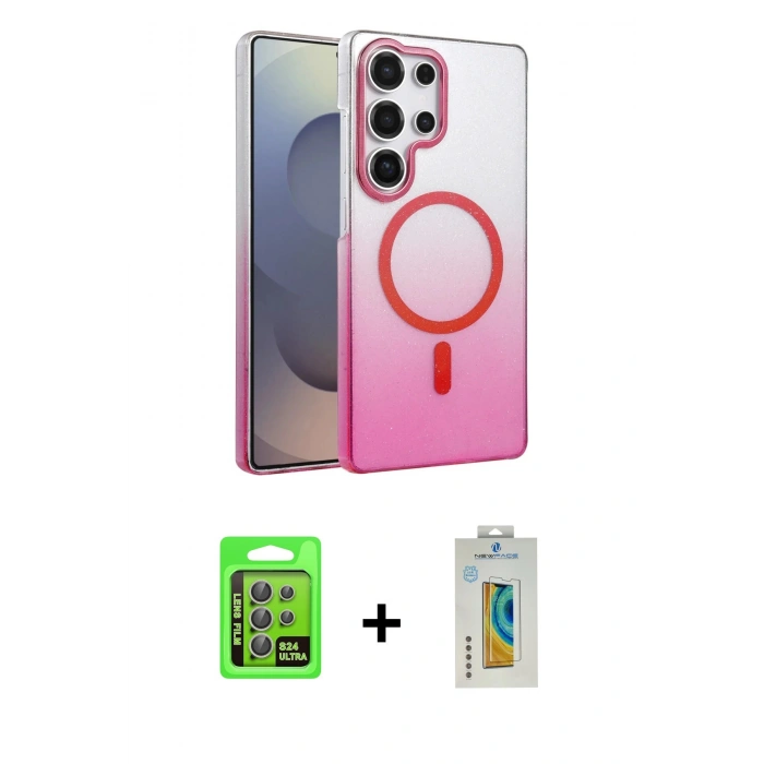 MARSİLYAN™- Galaxy S24 Ultra Kılıf Ahenk Doku Özel Seri - Siyah Polymer Nano Ekran Koruyucu + Raze Metal Kamera Lens - GI