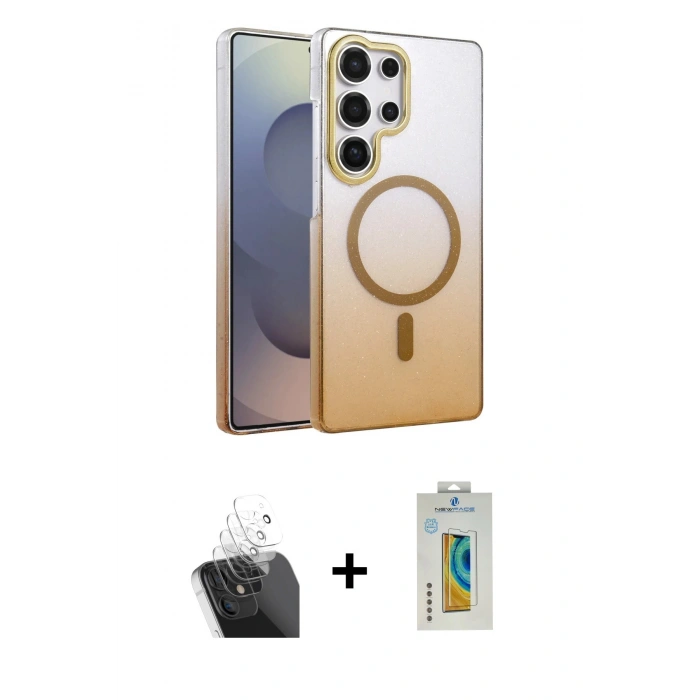 MARSİLYAN™- Galaxy S24 Ultra Kılıf Ahenk Doku Özel Seri - Siyah Polymer Nano Ekran Koruyucu + Kamera Lens Koruma Cam - SF