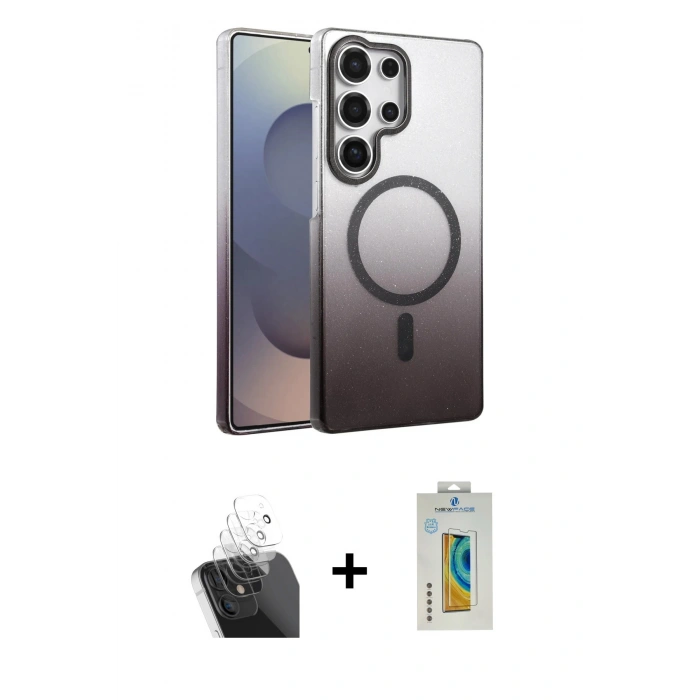 MARSİLYAN™- Galaxy S24 Ultra Kılıf Ahenk Doku Özel Seri - Siyah Polymer Nano Ekran Koruyucu + Kamera Lens Koruma Cam - SF