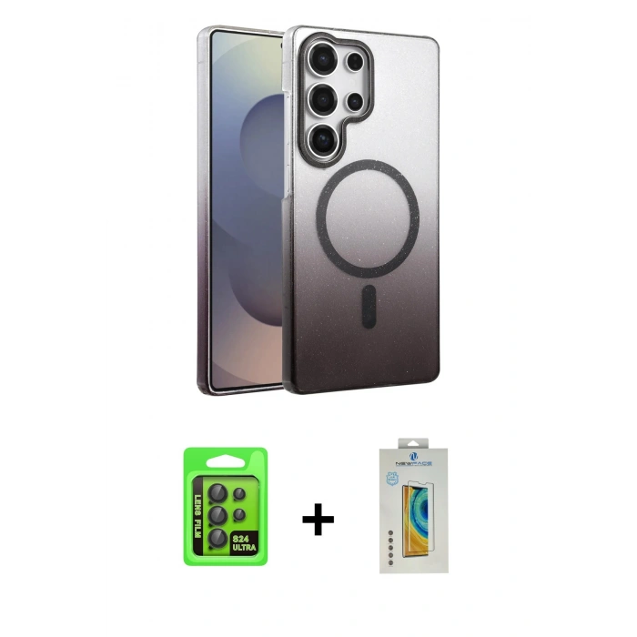 MARSİLYAN™- Galaxy S24 Ultra Kılıf Ahenk Doku Özel Seri - Siyah Polymer Nano Ekran Koruyucu + Raze Metal Kamera Lens - SH