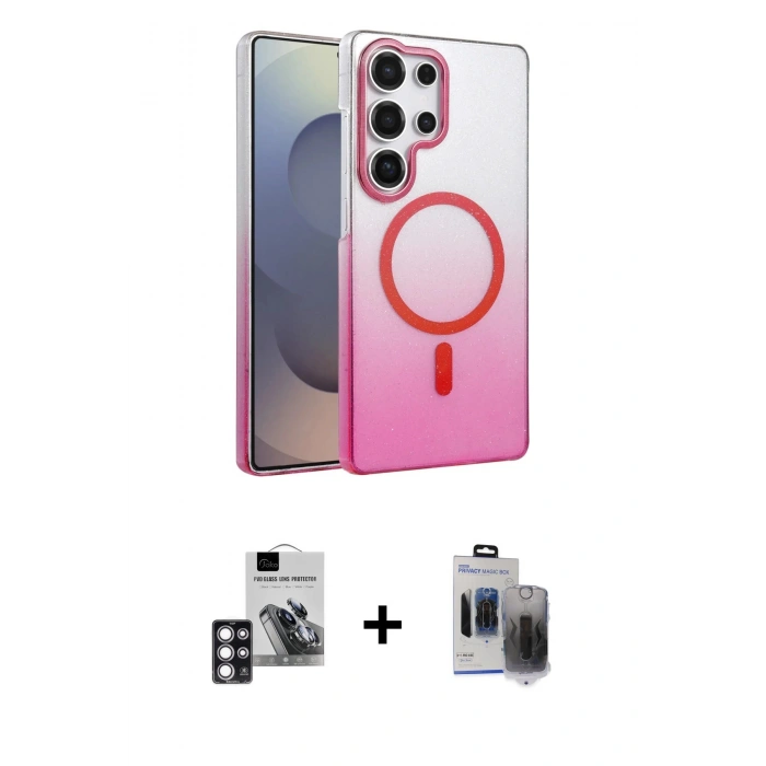 MARSİLYAN™- Galaxy S24 Ultra Kılıf Ahenk Doku Özel Seri - Siyah Vanessa Magic Hayalet Cam + Pembe PVD Metal Kamera Lens