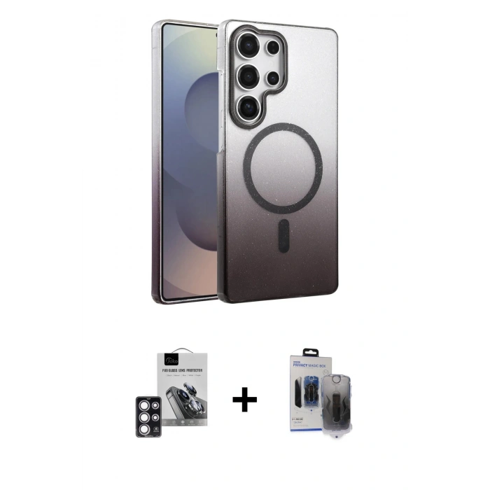 MARSİLYAN™- Galaxy S24 Ultra Kılıf Ahenk Doku Özel Seri - Siyah Vanessa Magic Hayalet Cam + Pembe PVD Metal Kamera Lens