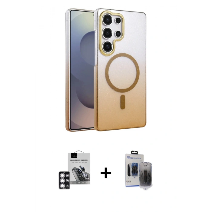 MARSİLYAN™- Galaxy S24 Ultra Kılıf Ahenk Doku Özel Seri - Siyah Vanessa Magic Hayalet Cam + Pembe PVD Metal Kamera Lens