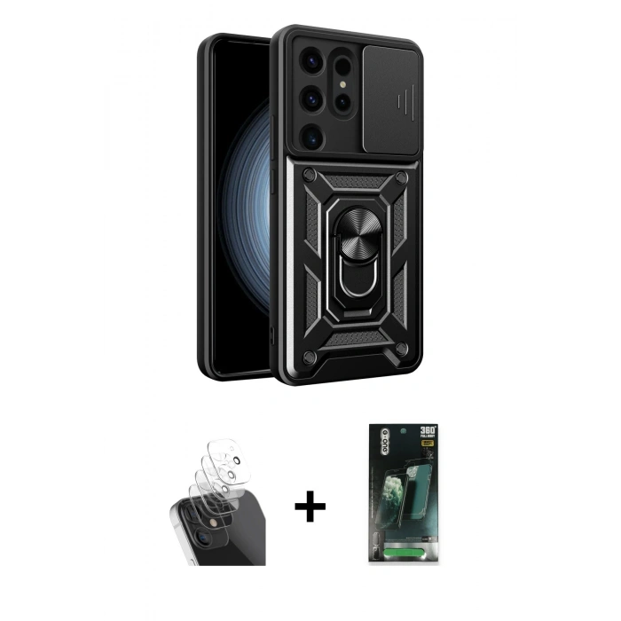 MARSİLYAN™- Galaxy S24 Ultra Kılıf Ahenk Klasik - Siyah 360 Mat Full Body Arka Koruyucu + Kamera Lens Koruma Cam - SF