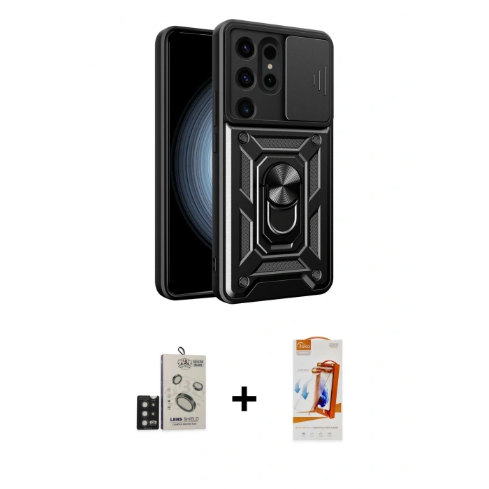 MARSİLYAN™- Galaxy S24 Ultra Kılıf Ahenk Klasik - Siyah AutoKit 5in1 Fiber Polymer Nano Ekran Koruyucu + Bilvis Titan Kamera Lens - SH