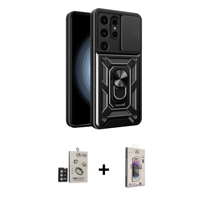 MARSİLYAN™- Galaxy S24 Ultra Kılıf Ahenk Klasik - Siyah Bilvis 3D Cam Ekran Koruyucu + Bilvis Titan Kamera Lens - DNMR