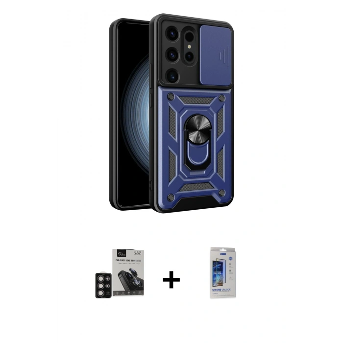 MARSİLYAN™- Galaxy S24 Ultra Kılıf Ahenk Klasik - Siyah Durable Full Glue Curved Cam + PVD Metal Kamera Lens - DNMR