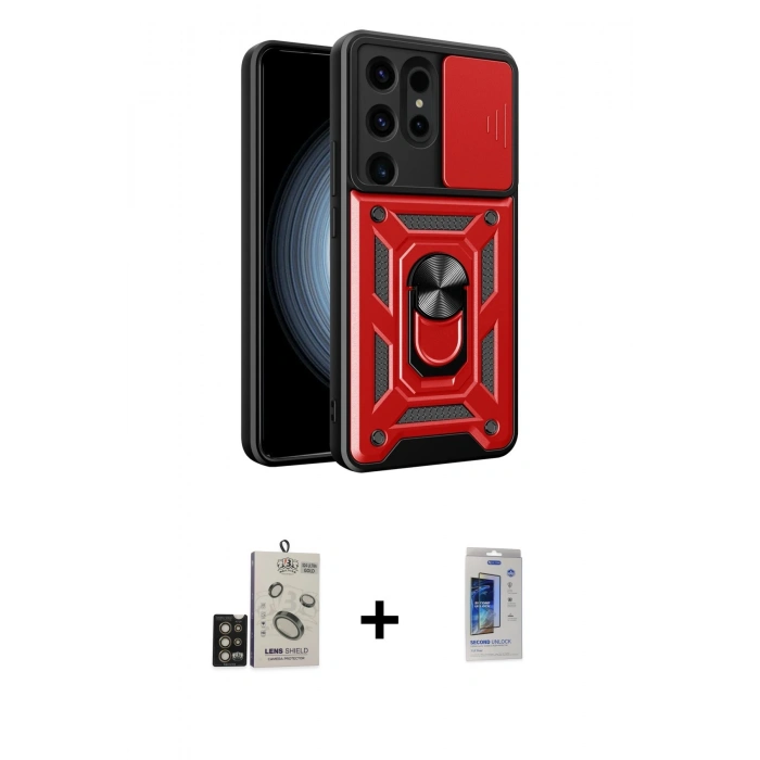 MARSİLYAN™- Galaxy S24 Ultra Kılıf Ahenk Klasik - Siyah Durable Full Glue Curved Cam + Bilvis Titan Kamera Lens - GD