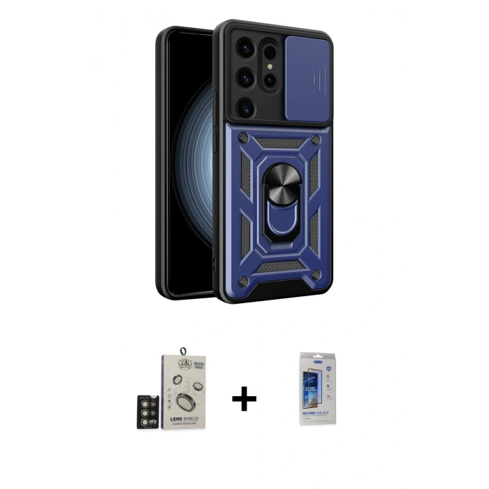 MARSİLYAN™- Galaxy S24 Ultra Kılıf Ahenk Klasik - Siyah Durable Full Glue Curved Cam + Bilvis Titan Kamera Lens - GD