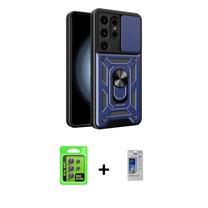 MARSİLYAN™- Galaxy S24 Ultra Kılıf Ahenk Klasik - Siyah Durable Full Glue Curved Cam + Raze Metal Kamera Lens - GI