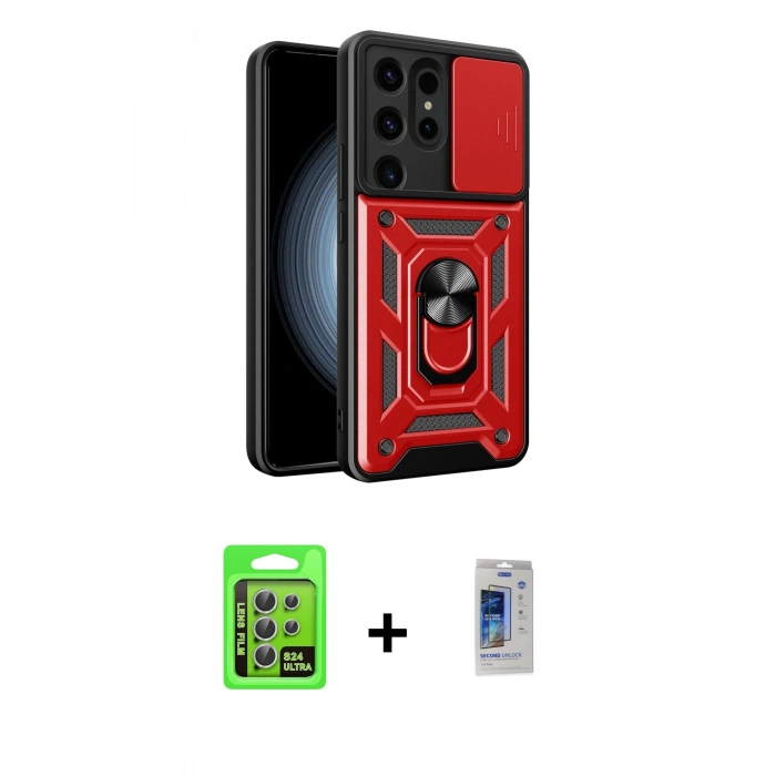 MARSİLYAN™- Galaxy S24 Ultra Kılıf Ahenk Klasik - Siyah Durable Full Glue Curved Cam + Raze Metal Kamera Lens - GS
