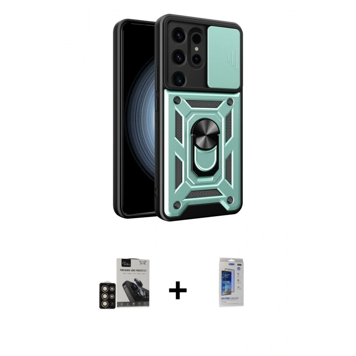 MARSİLYAN™- Galaxy S24 Ultra Kılıf Ahenk Klasik - Siyah Durable Full Glue Curved Hayalet Cam + PVD Metal Kamera Lens - GD