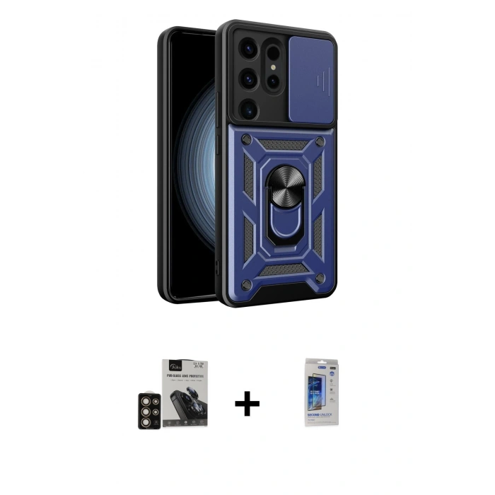 MARSİLYAN™- Galaxy S24 Ultra Kılıf Ahenk Klasik - Siyah Durable Full Glue Curved Hayalet Cam + PVD Metal Kamera Lens - GD