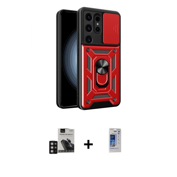MARSİLYAN™- Galaxy S24 Ultra Kılıf Ahenk Klasik - Siyah Durable Full Glue Curved Hayalet Cam + PVD Metal Kamera Lens - DNMR