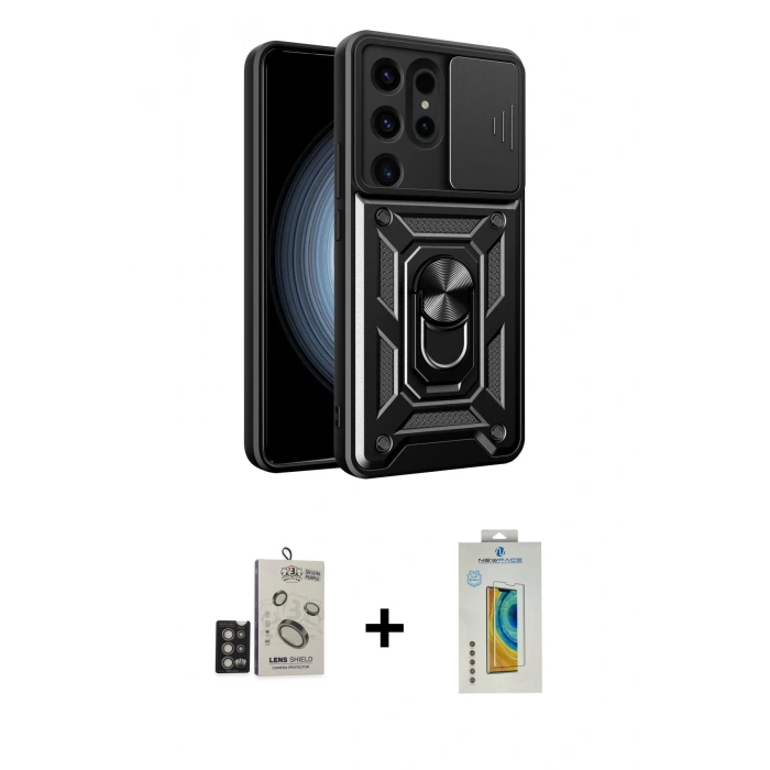 MARSİLYAN™- Galaxy S24 Ultra Kılıf Ahenk Klasik - Siyah Polymer Nano Ekran Koruyucu + Bilvis Titan Kamera Lens - DNMR