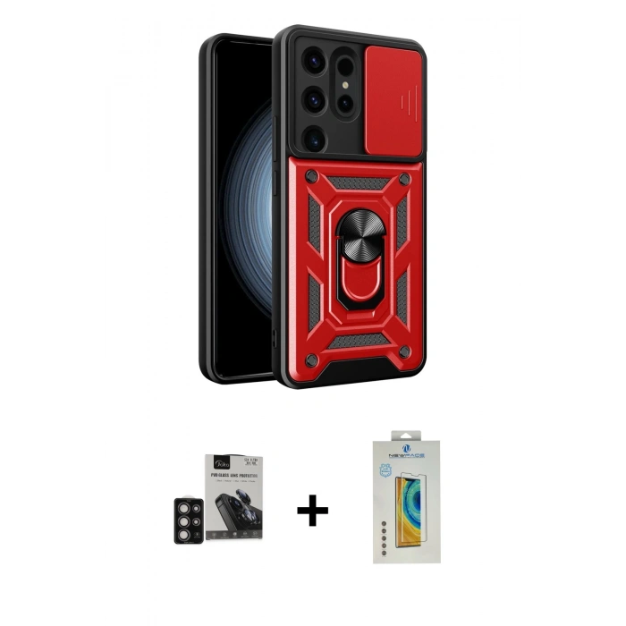 MARSİLYAN™- Galaxy S24 Ultra Kılıf Ahenk Klasik - Siyah Polymer Nano Ekran Koruyucu + PVD Metal Kamera Lens - DNMR