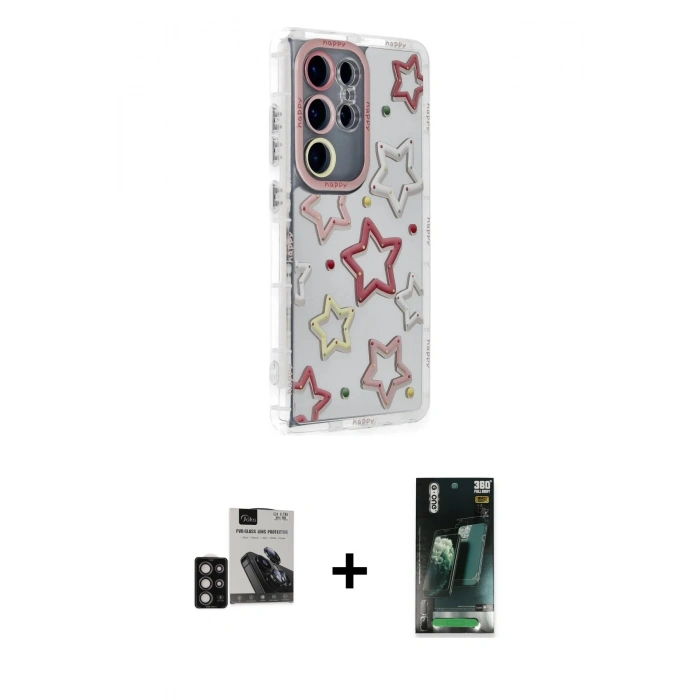 MARSİLYAN™- Galaxy S24 Ultra Kılıf Ahenk Modern Serisi - Şeffaf 360 Full Body Arka Koruyucu + PVD Metal Kamera Lens - DNMR
