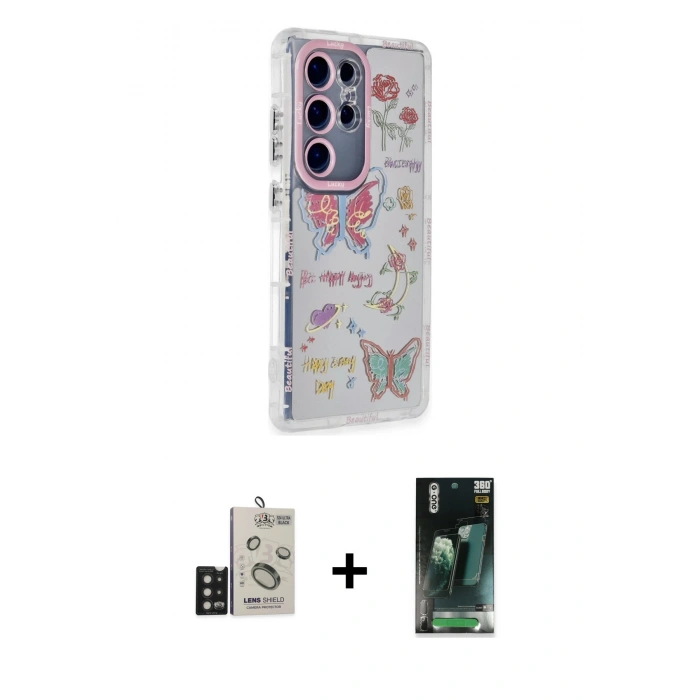 MARSİLYAN™- Galaxy S24 Ultra Kılıf Ahenk Modern Serisi - Siyah 360 Mat Full Body Arka Koruyucu + Bilvis Titan Kamera Lens - SH