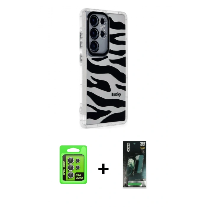 MARSİLYAN™- Galaxy S24 Ultra Kılıf Ahenk Modern Serisi - Siyah 360 Mat Full Body Arka Koruyucu + Raze Metal Kamera Lens - GS
