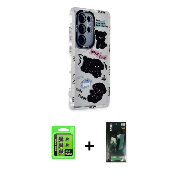 MARSİLYAN™- Galaxy S24 Ultra Kılıf Ahenk Modern Serisi - Siyah 360 Mat Full Body Arka Koruyucu + Raze Metal Kamera Lens - GS