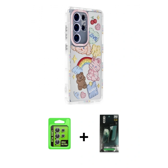 MARSİLYAN™- Galaxy S24 Ultra Kılıf Ahenk Modern Serisi - Siyah 360 Mat Full Body Arka Koruyucu + Raze Metal Kamera Lens - GS