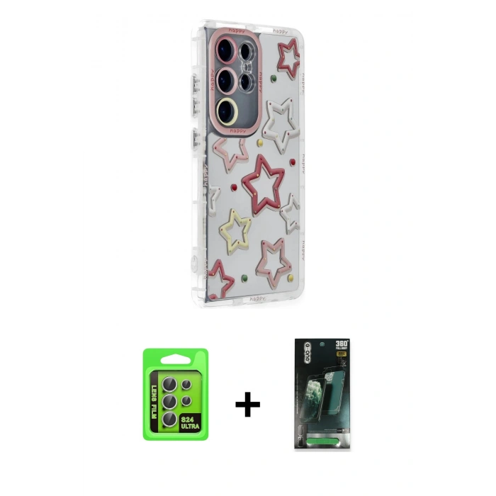 MARSİLYAN™- Galaxy S24 Ultra Kılıf Ahenk Modern Serisi - Siyah 360 Mat Full Body Arka Koruyucu + Raze Metal Kamera Lens - GS