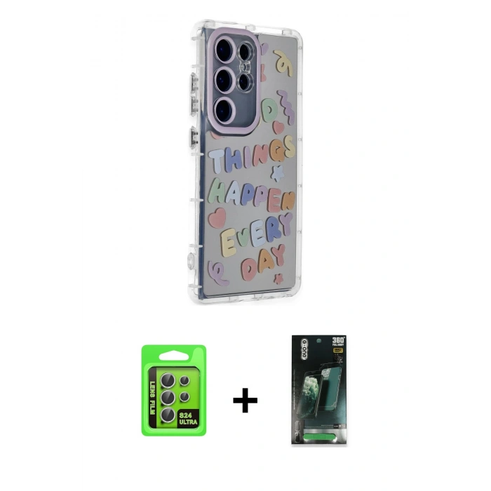 MARSİLYAN™- Galaxy S24 Ultra Kılıf Ahenk Modern Serisi - Siyah 360 Mat Full Body Arka Koruyucu + Raze Metal Kamera Lens - GS