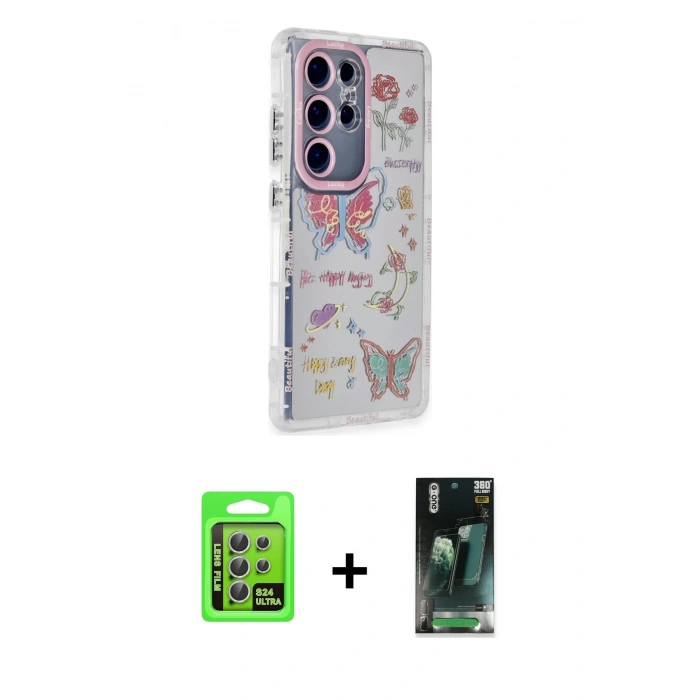 MARSİLYAN™- Galaxy S24 Ultra Kılıf Ahenk Modern Serisi - Siyah 360 Mat Full Body Arka Koruyucu + Raze Metal Kamera Lens - GS