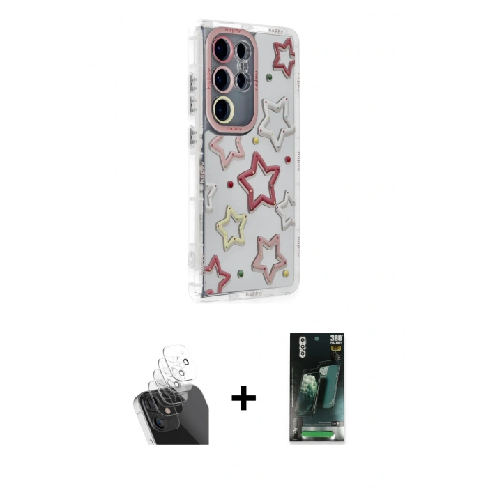 MARSİLYAN™- Galaxy S24 Ultra Kılıf Ahenk Modern Serisi - Siyah 360 Mat Full Body Arka Koruyucu + Kamera Lens Koruma Cam - SF