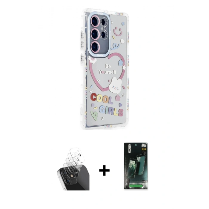 MARSİLYAN™- Galaxy S24 Ultra Kılıf Ahenk Modern Serisi - Siyah 360 Mat Full Body Arka Koruyucu + Kamera Lens Koruma Cam - SF