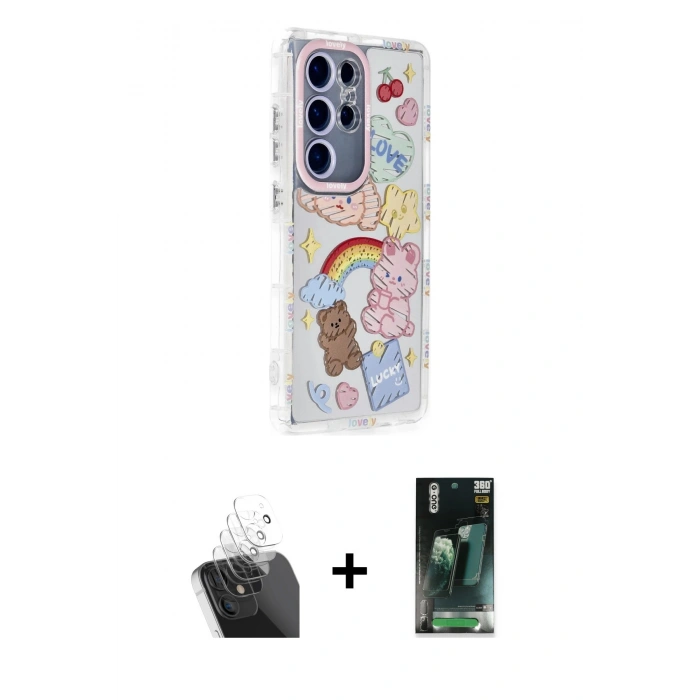 MARSİLYAN™- Galaxy S24 Ultra Kılıf Ahenk Modern Serisi - Siyah 360 Mat Full Body Arka Koruyucu + Kamera Lens Koruma Cam - SF